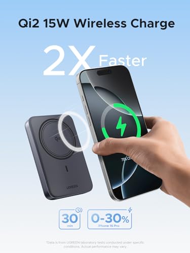 UGREEN Magnetic Power Bank Qi2 Certified 15W Fast Charging Wireless Battery Pack Slim 10000mAh Magsafe Portable Charger with 20W USB C for iPhone 17/16/15/14/13/12 Series Black