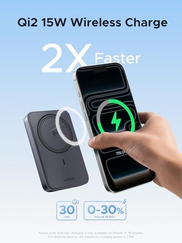 UGREEN Magnetic Power Bank Qi2 Certified 15W Fast Charging Wireless Battery Pack Slim 10000mAh Magsafe Portable Charger with 20W USB C for iPhone 17/16/15/14/13/12 Series Black