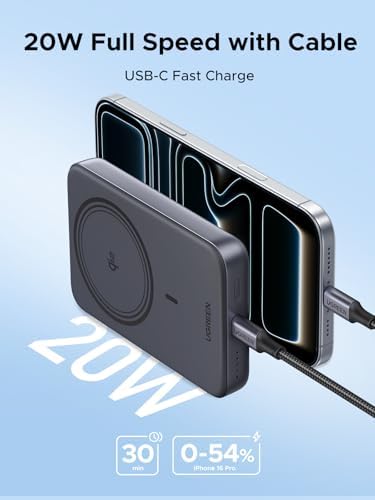 UGREEN Magnetic Power Bank Qi2 Certified 15W Fast Charging Wireless Battery Pack Slim 10000mAh Magsafe Portable Charger with 20W USB C for iPhone 17/16/15/14/13/12 Series Black