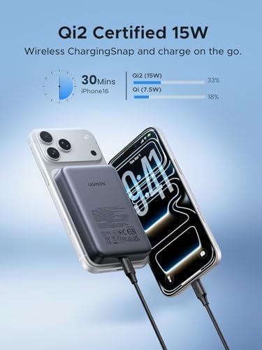 UGREEN Magnetic Power Bank Qi2 Certified 15W Fast Charging Wireless Battery Pack Slim 10000mAh Magsafe Portable Charger with 20W USB C for iPhone 17/16/15/14/13/12 Series Black