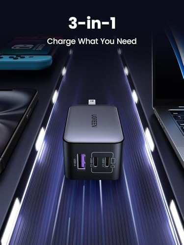 UGREEN Nexode 65W GaN USB C Wall Charger  3 Port Compact Foldable Fast Charger Power Adapter for iPhone 17/16/15 Series  Galaxy S25/S24  Pixel 10/9  MacBook Pro/Air  Dell XPS  iPad Pro  Black 
