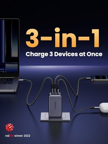 UGREEN Nexode 65W GaN USB C Wall Charger  3 Port Compact Foldable Fast Charger Power Adapter for iPhone 17/16/15 Series  Galaxy S25/S24  Pixel 10/9  MacBook Pro/Air  Dell XPS  iPad Pro  Black 