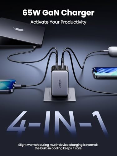 UGREEN Nexode 65W GaN Cargador de Pared USB C, Cargador de 4 Puertos Tipo-C Rápido Compatible con MacBook Pro/Air, iPhone Serie 17/16/15, Galaxy S25/S24, Pixel 10/9, iPad Pro, Steam Deck