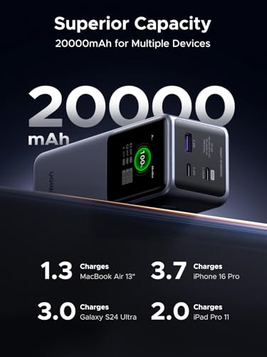 UGREEN Nexode Power Bank 20000mAh 130W Portable Charger 72Wh PD Fast Charging 3 Port USB C Battery Pack with TFT Smart Display for MacBook/iPad/iPhone 16/Samsung S24 and More