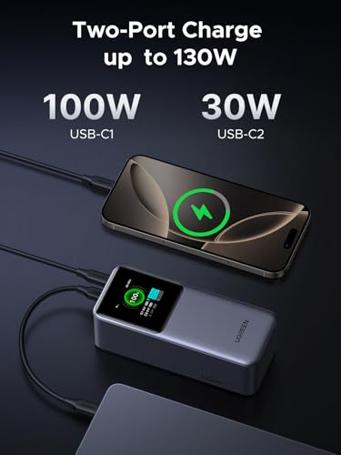 UGREEN Nexode Power Bank 20000mAh 130W Portable Charger 72Wh PD Fast Charging 3 Port USB C Battery Pack with TFT Smart Display for MacBook/iPad/iPhone 16/Samsung S24 and More