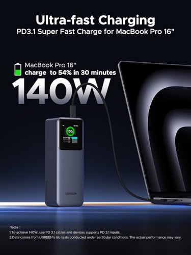 UGREEN Nexode Power Bank 25000mAh 200W Laptop Portable Charger PD 3 1 Fast Charging 90Wh 3 Port Battery Pack with TFT Smart Display for MacBook Pro/Air/ipad/iPhone 16/Samsung S24/Dell/HP and More