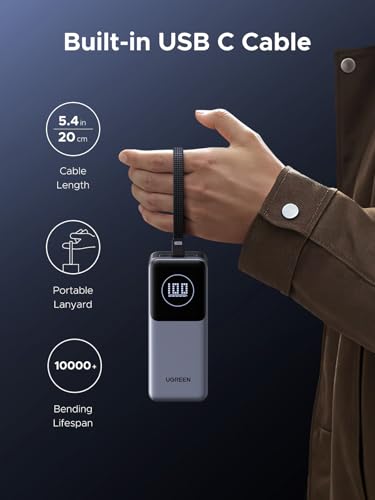 UGREEN Nexode Power Bank 20000mAh 130W con cable USB C integrado cargador portátil de viaje, entrada de 80 W, carga rápida para MacBook Pro/Air/iPhone 16/iPad Pro/Galaxy S25 Ultra/Dell/HP y más