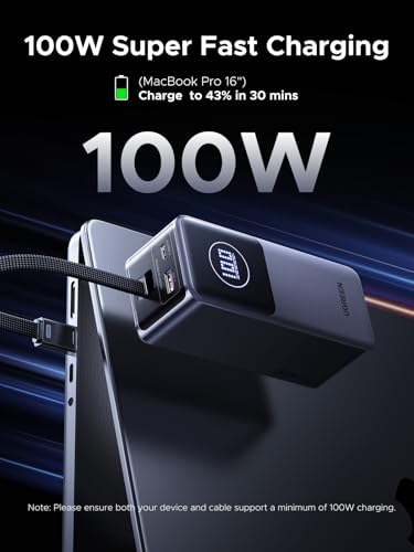 UGREEN Nexode Power Bank 20000mAh 130W con cable USB C integrado cargador portátil de viaje, entrada de 80 W, carga rápida para MacBook Pro/Air/iPhone 16/iPad Pro/Galaxy S25 Ultra/Dell/HP y más