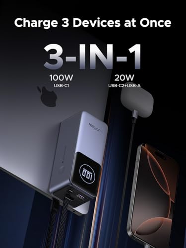 UGREEN Nexode Power Bank 20000mAh 130W con cable USB C integrado cargador portátil de viaje, entrada de 80 W, carga rápida para MacBook Pro/Air/iPhone 16/iPad Pro/Galaxy S25 Ultra/Dell/HP y más
