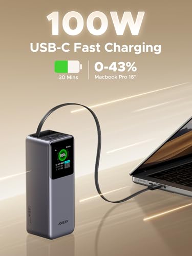 UGREEN Nexode Power Bank 20000mAh 165W with Built in USB C Cable Laptop Travel Portable Charger  100W Input  Fast Charging for MacBook Pro/Air/iPhone 16/iPad Pro/Galaxy S25 Ultra/Dell/HP and More