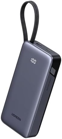 UGREEN Nexode Power Bank 20000mAh 45W con cable integrado, cargador portátil de carga rápida para iPhone 17 Pro/Samsung S25 Ultra/iPad Pro, paquete de batería externa de 3 puertos con pantalla digital, lista para viajar