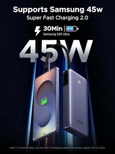 UGREEN Nexode Power Bank 20000mAh 45W con cable integrado, cargador portátil de carga rápida para iPhone 17 Pro/Samsung S25 Ultra/iPad Pro, paquete de batería externa de 3 puertos con pantalla digital, lista para viajar