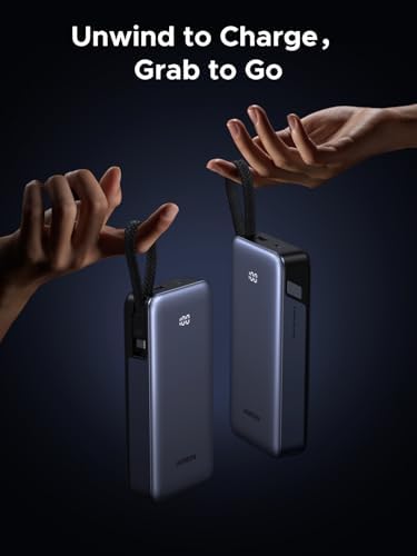 UGREEN Nexode Power Bank 20000mAh 45W con cable integrado, cargador portátil de carga rápida para iPhone 17 Pro/Samsung S25 Ultra/iPad Pro, paquete de batería externa de 3 puertos con pantalla digital, lista para viajar