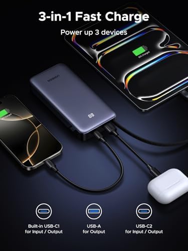 UGREEN Nexode Power Bank 20000mAh 45W con cable integrado, cargador portátil de carga rápida para iPhone 17 Pro/Samsung S25 Ultra/iPad Pro, paquete de batería externa de 3 puertos con pantalla digital, lista para viajar