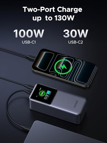 UGREEN Nexode Power Bank 20000mAh 130W Portable Charger 72Wh PD Fast Charging 3 Port USB C Battery Pack with TFT Smart Display for MacBook/iPad/iPhone 17/16/Samsung S24 and More