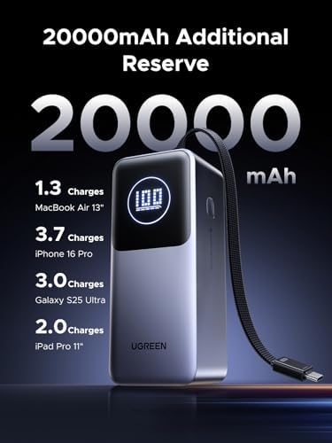 UGREEN Nexode Power Bank 20000mAh 130W with Built in USB C Cable Laptop Travel Portable Charger  80W Input  Fast Charging for MacBook Pro/Air/iPhone 17/16/iPad Pro/Galaxy S25 Ultra/Dell/HP and More