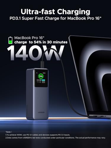 UGREEN Nexode Power Bank 25000mAh 200W Laptop Portable Charger PD 3 1 Fast Charging 90Wh 3 Port Battery Pack with TFT Smart Display for MacBook Pro/Air/ipad/iPhone 17/16/Samsung S26/Dell/HP and More
