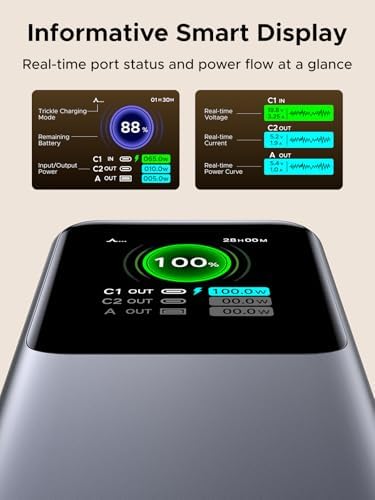 UGREEN Nexode Power Bank 20000mAh 165W con cable USB C incorporado, cargador portátil de viaje para laptop, entrada de 100W, carga rápida para MacBook Pro/Air/iPhone 17/16/iPad Pro/Galaxy S25 Ultra