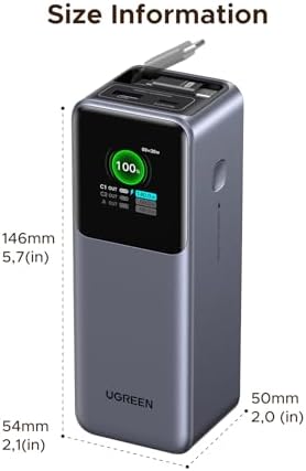 UGREEN Nexode Power Bank 20000mAh 165W con cable USB C incorporado, cargador portátil de viaje para laptop, entrada de 100W, carga rápida para MacBook Pro/Air/iPhone 17/16/iPad Pro/Galaxy S25 Ultra