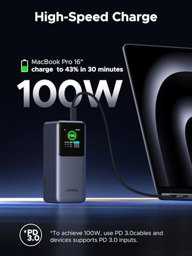 UGREEN Nexode Power Bank 20000mAh 130W Portable Charger 72Wh PD Fast Charging 3 Port USB C Battery Pack with TFT Smart Display for MacBook/iPad/iPhone 17/16/Samsung S26 and More