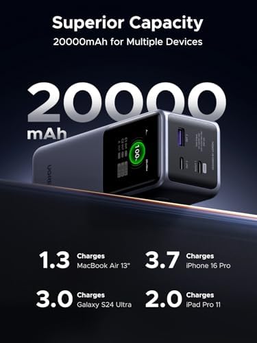 UGREEN Nexode Power Bank 20000mAh 130W Portable Charger 72Wh PD Fast Charging 3 Port USB C Battery Pack with TFT Smart Display for MacBook/iPad/iPhone 17/16/Samsung S26 and More