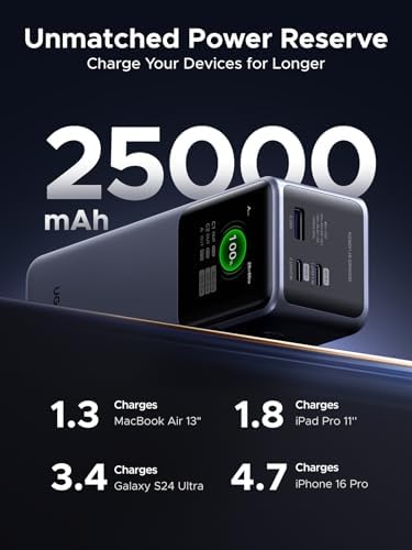 UGREEN Nexode Power Bank 25000mAh 200W Cargador portátil para laptop PD 3.1 Carga rápida de 90Wh Paquete de batería de 3 puertos con pantalla TFT inteligente para MacBook Pro/Air/iPad/iPhone 17/16