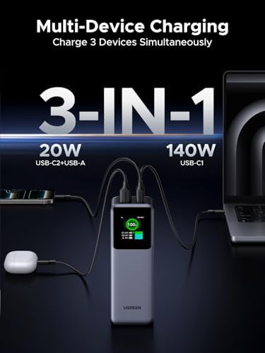 UGREEN Nexode Power Bank 25000mAh 200W Cargador portátil para laptop PD 3.1 Carga rápida de 90Wh Paquete de batería de 3 puertos con pantalla TFT inteligente para MacBook Pro/Air/iPad/iPhone 17/16
