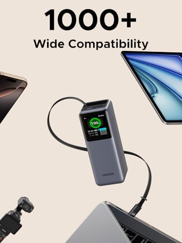 UGREEN Nexode Power Bank 20000mAh 165W with Built in USB C Cable Laptop Travel Portable Charger  100W Input  Fast Charging for MacBook Pro/Air/iPhone 17/16/iPad Pro/Galaxy S26 Ultra/Dell/HP and More