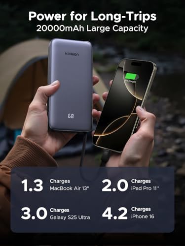 UGREEN Nexode Power Bank 20000mAh 45W with Built in Cable  Fast Charging Portable Charger for iPhone 17 Pro/Samsung S26 Ultra/iPad Pro  3 Port External Battery Pack with Digital Display  Travel Ready