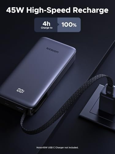 UGREEN Nexode Power Bank 20000mAh 45W with Built in Cable  Fast Charging Portable Charger for iPhone 17 Pro/Samsung S26 Ultra/iPad Pro  3 Port External Battery Pack with Digital Display  Travel Ready
