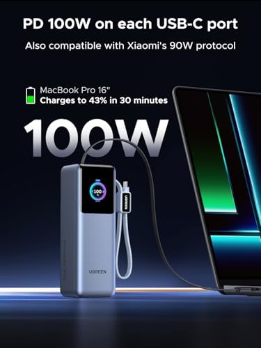 UGREEN Nexode Pro Power Bank 25000mAh 200W Laptop Portable Charger  Built in Retractable Cables  TFT Smart Display  PD 3 1 Fast Charging for MacBook Pro/Air/iPhone 17/16/Samsung S26/Dell/HP and More