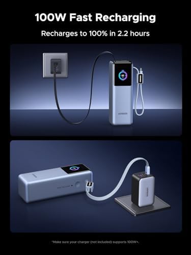 UGREEN Nexode Pro Power Bank 25000mAh 200W Laptop Portable Charger  Built in Retractable Cables  TFT Smart Display  PD 3 1 Fast Charging for MacBook Pro/Air/iPhone 17/16/Samsung S26/Dell/HP and More