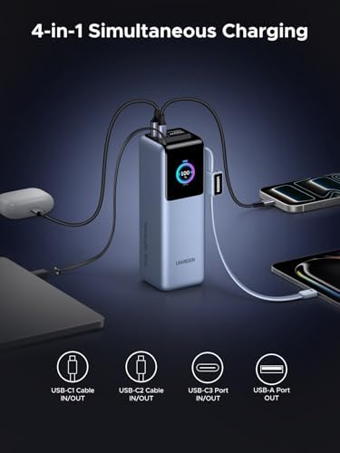UGREEN Nexode Pro Power Bank 25000mAh 200W Laptop Portable Charger  Built in Retractable Cables  TFT Smart Display  PD 3 1 Fast Charging for MacBook Pro/Air/iPhone 17/16/Samsung S26/Dell/HP and More
