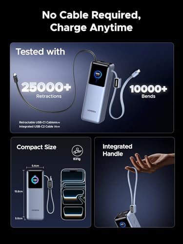 UGREEN Nexode Pro Power Bank 25000mAh 200W Laptop Portable Charger  Built in Retractable Cables  TFT Smart Display  PD 3 1 Fast Charging for MacBook Pro/Air/iPhone 17/16/Samsung S26/Dell/HP and More