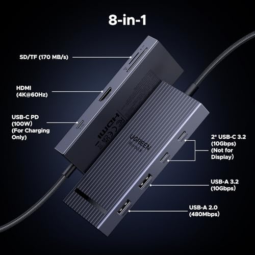 UGREEN Revodok Pro USB C Hub for Laptop 8 in 1 MacBook Docking Station 4K 60Hz HDMI  100W PD Charging  USB C & USB A 10Gbps Data Ports  SD/TF Card Reader for MacBook Neo/Pro/Air  XPS  Thinkpad