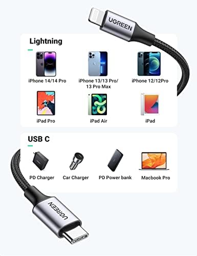 UGREEN USB C to Lightning Cable 3FT   MFi Certification Lightning Cable Compatible with iPhone 14/14 Pro/14 Pro Max  iPhone 13/12/11/X/XR/XS/8 Series  iPad 9  AirPods Pro  and More