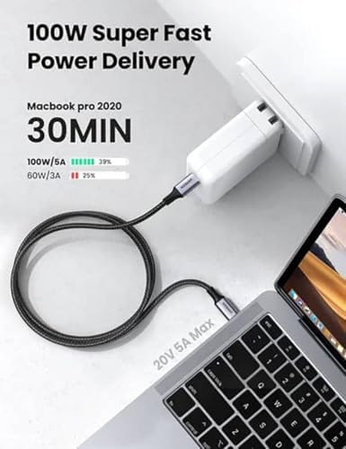 UGREEN Cable USB C a USB C, cable de carga de 100 W para iPhone 17/16/15, MacBook Pro, iPad Pro, Dell XPS, Samsung Galaxy S25/S24/S23 Ultra, Switch, Pixel, 6.6 pies, negro