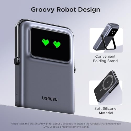 UGREEN Uno 10000mAh Magnetic Portable Charger  Qi 7 5W Wireless Power Bank  PD 20W USB C Battery Pack with Foldable Stand and TFT Display MagSafe Compatible iPhone 17/16 /15/14/13/12 Series  Black