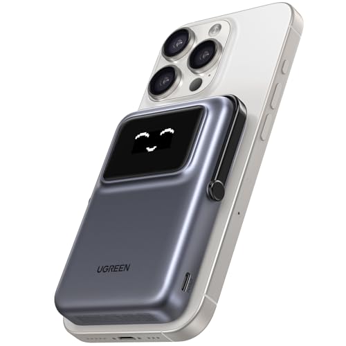 UGREEN Uno 10000mAh Magnetic Portable Charger  Qi 7 5W Wireless Power Bank  PD 20W USB C Battery Pack with Foldable Stand and TFT Display MagSafe Compatible iPhone 17/16 /15/14/13/12 Series  Black