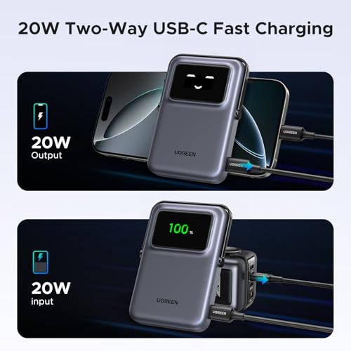 UGREEN Uno 10000mAh Magnetic Portable Charger  Qi 7 5W Wireless Power Bank  PD 20W USB C Battery Pack with Foldable Stand and TFT Display MagSafe Compatible iPhone 17/16 /15/14/13/12 Series  Black