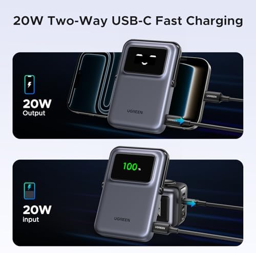 UGREEN Uno 10000mAh Magnetic Portable Charger  Qi 7 5W Wireless Power Bank  PD 20W USB C Battery Pack with Foldable Stand and TFT Display MagSafe Compatible iPhone 17/16 /15/14/13/12 Series  Black