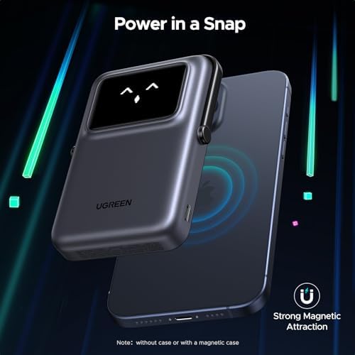 UGREEN Uno 10000mAh Magnetic Portable Charger  Qi 7 5W Wireless Power Bank  PD 20W USB C Battery Pack with Foldable Stand and TFT Display MagSafe Compatible iPhone 17/16 /15/14/13/12 Series  Black