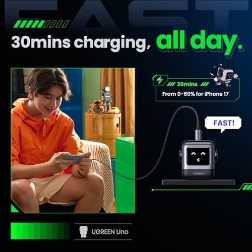 UGREEN Uno 30W USB C Charger Block  Compact Robot GaN Fast Charger for iPhone 17  Gifts for Women Men  Compatible with iPhone 17/16/15  Galaxy S25/S24/S23  Pixel 10/9/8  iPad  MavBook Neo/Air  Black