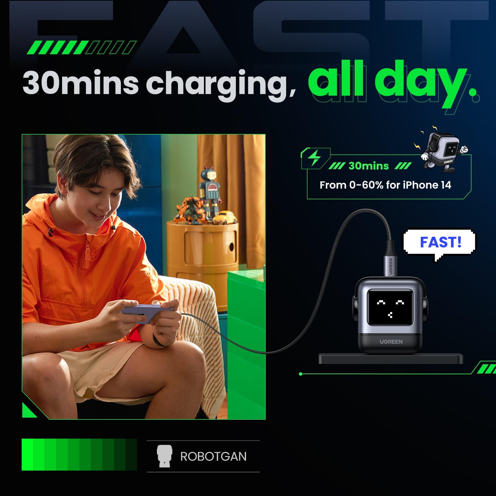 UGREEN Uno 30W USB C Charger  Fast GaN Charger Compatible for iPhone  Compatible for Galaxy  Compatible for Pixel  Compatible for iPad  Black