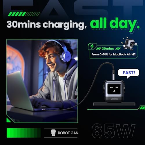 UGREEN Uno 65W USB C Charger Block  Nexode 3 Port GaN Fast Charger with Screen  Fun Robot Gifts for Men Women  Compatible with iPhone 17  MacBook Pro/Air  XPS  Galaxy S25  Steam Deck  ROG Ally  Black