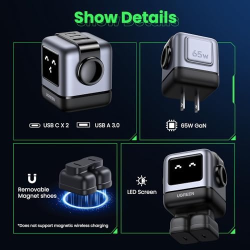 UGREEN Uno 65W USB C Charger Block  Nexode 3 Port GaN Fast Charger with Screen  Fun Robot Gifts for Men Women  Compatible with iPhone 17  MacBook Pro/Air  XPS  Galaxy S25  Steam Deck  ROG Ally  Black