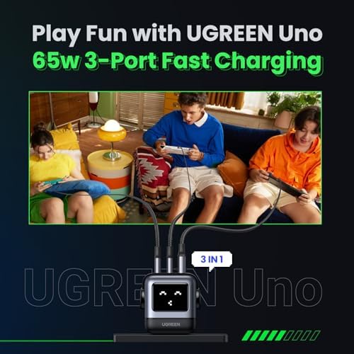 UGREEN Uno 65W USB C Charger Block  Nexode 3 Port GaN Fast Charger with Screen  Fun Robot Gifts for Men Women  Compatible with iPhone 17  MacBook Pro/Air/Neo  XPS  Galaxy S26  Steam Deck  Black