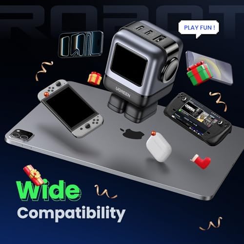 UGREEN Uno 65W USB C Charger Block  Nexode 3 Port GaN Fast Charger with Screen  Fun Robot Gifts for Men Women  Compatible with iPhone 17  MacBook Pro/Air/Neo  XPS  Galaxy S26  Steam Deck  Black