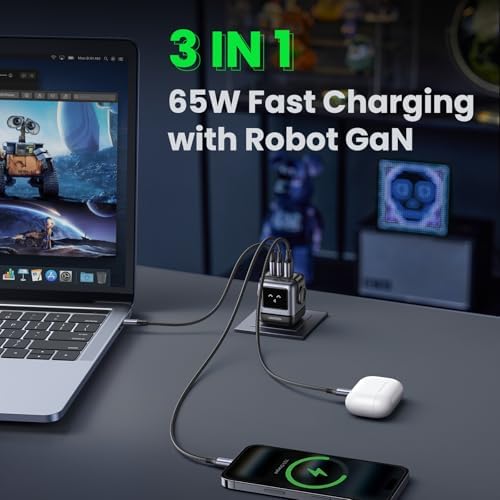 UGREEN Uno 65W USB C Charger Block  Nexode 3 Port GaN Fast Charger with Screen  Fun Robot Gifts for Men Women  Compatible with iPhone 17  MacBook Pro/Air/Neo  XPS  Galaxy S26  Steam Deck  Black