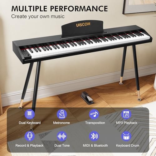 UISCOM Digital Piano Keyboard for Beginners Full Size 88 Key Semi Weighted Keyboard Electric Piano with Stand Power Adapter Sheet Music Stand Pedal Headphone USB MIDI Compatibility Wood Black